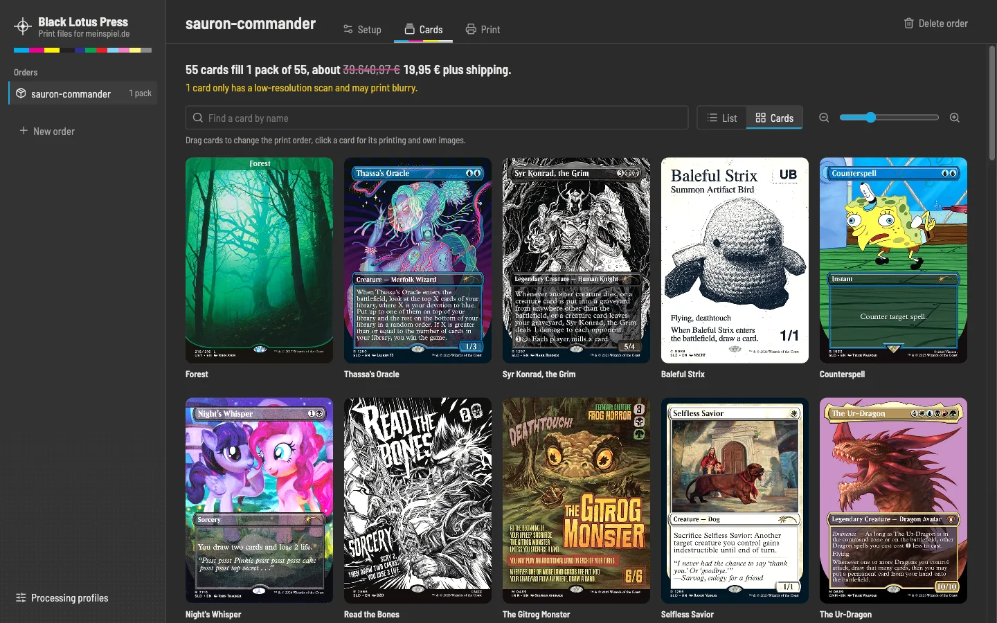The Cards tab as a zoomable grid of card images, with the pack count, the price and the struck-out Cardmarket value of the cards.